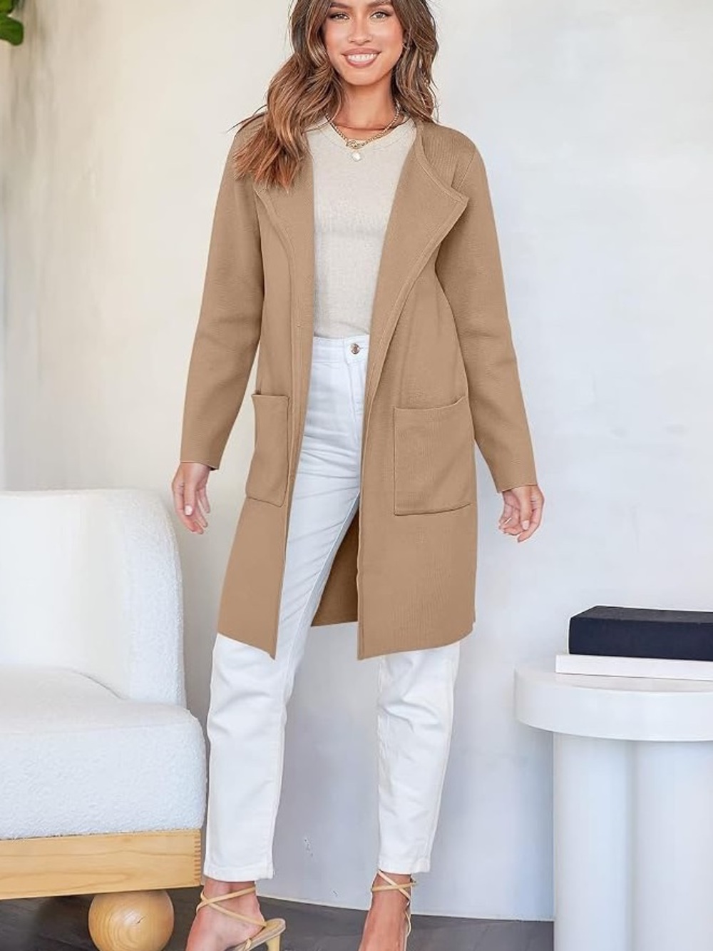Lillusory Open-Front Longline Cardigan Duster in Camel